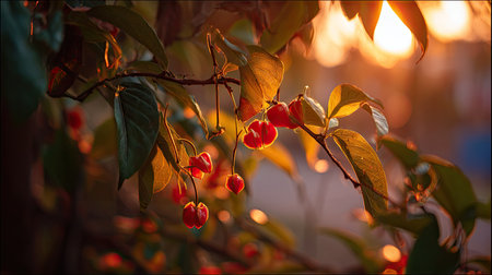 The Surinam cherry at sunset, Golden red sunset light filters through the leaves, still atmosphere, warm orange glow blending with natural green tones.の写真素材