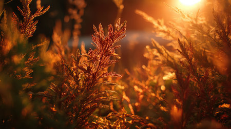 The Wormwood at sunset, Golden red sunset light filters through the leaves, still atmosphere, warm orange glow blending with natural green tones.の写真素材