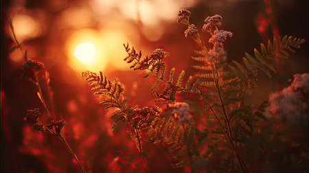 The Yarrow at sunset, Golden red sunset light filters through the leaves, still atmosphere, warm orange glow blending with natural green tones.の写真素材