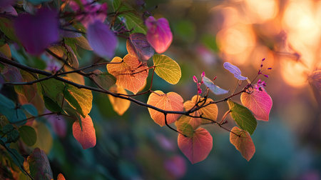 The Redbud at sunset, Golden red sunset light filters through the leaves, still atmosphere, warm orange glow blending with natural green tones.の写真素材