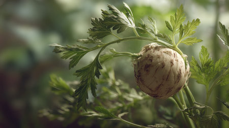 A detailed photograph of a single Celeriac, swaying gently in the wind, captured in natural...