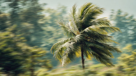 A detailed photograph of a single Coconut palm, swaying gently in the wind, captured in natural...