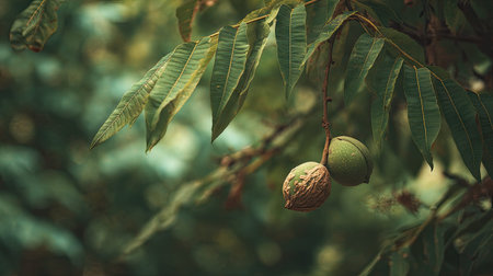 A detailed photograph of a single English walnut, swaying gently in the wind, captured in natural...