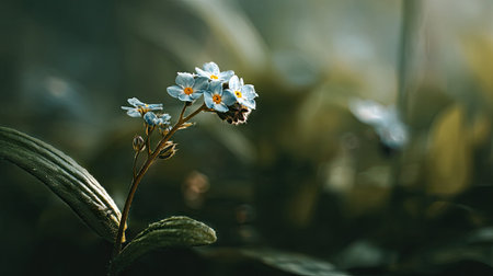 A detailed photograph of a single Forget me not, swaying gently in the wind, captured in natural...