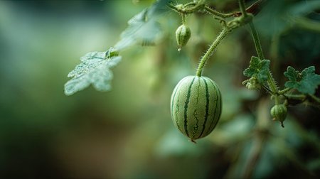A detailed photograph of a single Cucamelon, swaying gently in the wind, captured in natural...