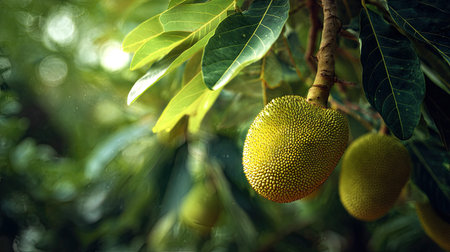 A detailed photograph of a single Jackfruit, swaying gently in the wind, captured in natural...