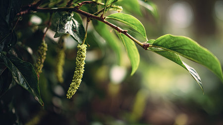 A detailed photograph of a single Long pepper, swaying gently in the wind, captured in natural...