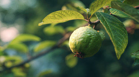 A detailed photograph of a single Guava, swaying gently in the wind, captured in natural daylight....
