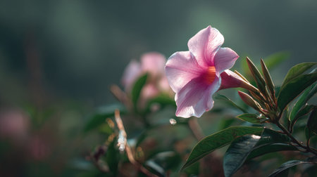 A detailed photograph of a single Mandevilla, swaying gently in the wind, captured in natural...