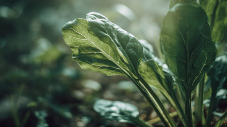 A detailed photograph of a single Spinach, swaying gently in the wind, captured in natural daylight....