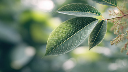 A detailed photograph of a single Guava leaf, swaying gently in the wind, captured in natural...