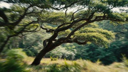 A detailed photograph of a single Live oak, swaying gently in the wind, captured in natural...