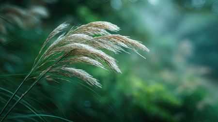 A detailed photograph of a single Papyrus, swaying gently in the wind, captured in natural daylight. Fresh and airy atmosphere, soft motion blur on leaves, crisp details on textures, background softly blurred into natural greenery, cinematic natural light, realistic photography style.の写真素材