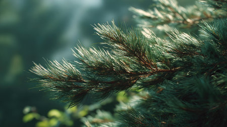 A detailed photograph of a single Pine, swaying gently in the wind, captured in natural daylight. Fresh and airy atmosphere, soft motion blur on leaves, crisp details on textures, background softly blurred into natural greenery, cinematic natural light, realistic photography style.の写真素材
