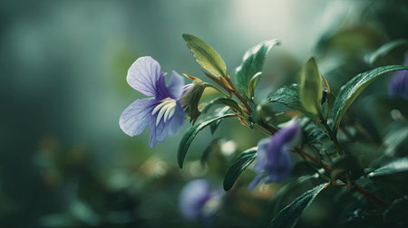 A detailed photograph of a single Torenia, swaying gently in the wind, captured in natural daylight. Fresh and airy atmosphere, soft motion blur on leaves, crisp details on textures, background softly blurred into natural greenery, cinematic natural light, realistic photography style.の写真素材