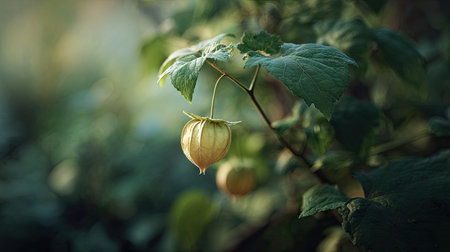 A detailed photograph of a single Groundcherry, swaying gently in the wind, captured in natural...
