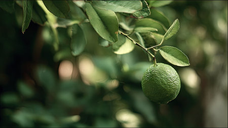 A detailed photograph of a single Lime, swaying gently in the wind, captured in natural daylight. Fresh and airy atmosphere, soft motion blur on leaves, crisp details on textures, background softly blurred into natural greenery, cinematic natural light, realistic photography style.の写真素材