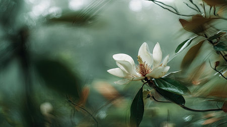 A detailed photograph of a single Southern magnolia, swaying gently in the wind, captured in natural daylight. Fresh and airy atmosphere, soft motion blur on leaves, crisp details on textures, background softly blurred into natural greenery, cinematic natural light, realistic photography style.の写真素材