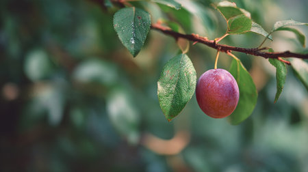 A detailed photograph of a single Plum, swaying gently in the wind, captured in natural daylight. Fresh and airy atmosphere, soft motion blur on leaves, crisp details on textures, background softly blurred into natural greenery, cinematic natural light, realistic photography style.の写真素材