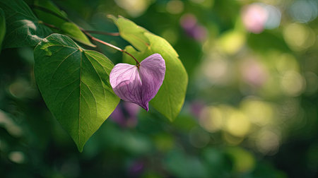 A detailed photograph of a single Redbud, swaying gently in the wind, captured in natural daylight. Fresh and airy atmosphere, soft motion blur on leaves, crisp details on textures, background softly blurred into natural greenery, cinematic natural light, realistic photography style.の写真素材