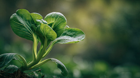 A detailed photograph of a single Pak choi sum, swaying gently in the wind, captured in natural...