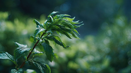 A detailed photograph of a single Spearmint, swaying gently in the wind, captured in natural...