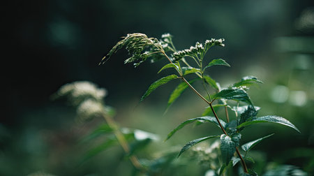 A detailed photograph of a single Valerian, swaying gently in the wind, captured in natural daylight. Fresh and airy atmosphere, soft motion blur on leaves, crisp details on textures, background softly blurred into natural greenery, cinematic natural light, realistic photography style.の写真素材