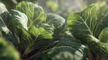 Collard greens swaying gently in the wind, realistic photography style, bright and vivid colors, natural lighting, detailed textures on the leaves, soft motion blur to suggest wind movement, ultra realistic, high resolution, cinematic atmosphere.の写真素材