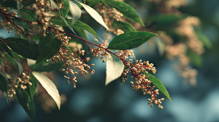 Sichuan pepper swaying gently in the wind, realistic photography style, bright and vivid colors, natural lighting, detailed textures on the leaves, soft motion blur to suggest wind movement, ultra realistic, high resolution, cinematic atmosphere.の写真素材