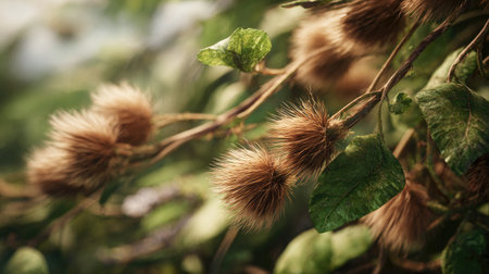 Burdock root swaying gently in the wind, realistic photography style, bright and vivid colors, natural lighting, detailed textures on the leaves, soft motion blur to suggest wind movement, ultra realistic, high resolution, cinematic atmosphere.の写真素材
