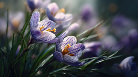 Crocus swaying gently in the wind, realistic photography style, bright and vivid colors, natural...