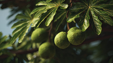 Breadfruit swaying gently in the wind, realistic photography style, bright and vivid colors, natural...