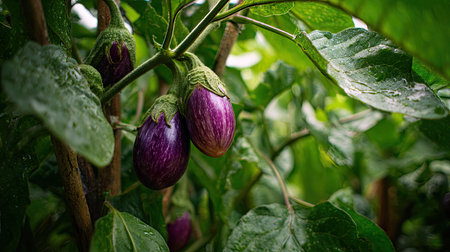Eggplant swaying gently in the wind, realistic photography style, bright and vivid colors, natural lighting, detailed textures on the leaves, soft motion blur to suggest wind movement, ultra realistic, high resolution, cinematic atmosphere.の写真素材
