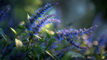 Hyssop swaying gently in the wind, realistic photography style, bright and vivid colors, natural...