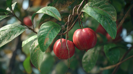Malay apple swaying gently in the wind, realistic photography style, bright and vivid colors,...