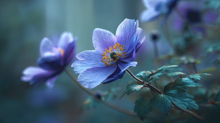 Anemone swaying gently in the wind, realistic photography style, bright and vivid colors, natural lighting, detailed textures on the leaves, soft motion blur to suggest wind movement, ultra realistic, high resolution, cinematic atmosphere.の写真素材