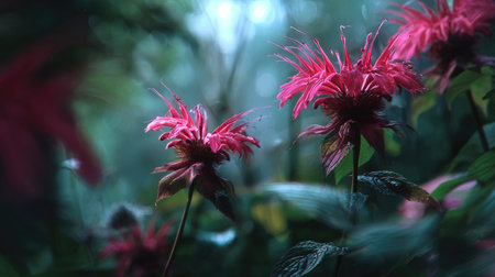 Bee balm swaying gently in the wind, realistic photography style, bright and vivid colors, natural lighting, detailed textures on the leaves, soft motion blur to suggest wind movement, ultra realistic, high resolution, cinematic atmosphere.の写真素材
