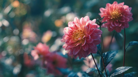 Dahlia swaying gently in the wind, realistic photography style, bright and vivid colors, natural lighting, detailed textures on the leaves, soft motion blur to suggest wind movement, ultra realistic, high resolution, cinematic atmosphere.の写真素材