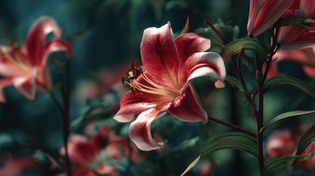 Lily swaying gently in the wind, realistic photography style, bright and vivid colors, natural...