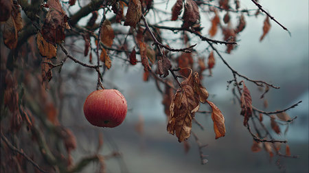 In winter, chilling air envelops, a few lingering leaves tremble, still atmosphereの写真素材