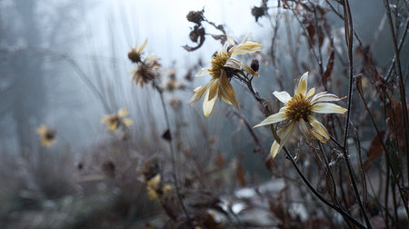 The Arnica in winter, chilling air envelops, a few lingering leaves tremble, still atmosphere