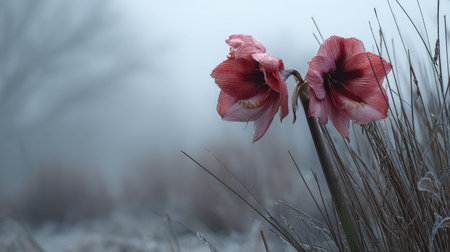 The Amaryllis in winter, chilling air envelops, a few lingering leaves tremble, still atmosphere
