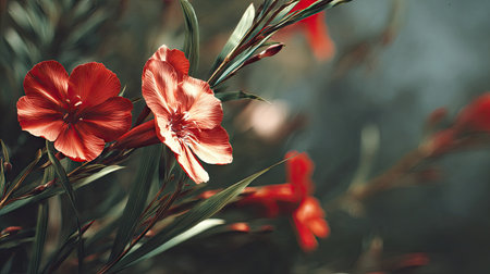 Godetia swaying gently in the wind, realistic photography style, bright and vivid colors, natural lighting, detailed textures on the leaves, soft motion blur to suggest wind movement, ultra realistic, high resolution, cinematic atmosphere.の写真素材