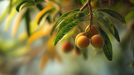 Lucuma swaying gently in the wind, realistic photography style, bright and vivid colors, natural...