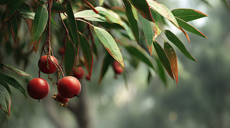 Quandong swaying gently in the wind, realistic photography style, bright and vivid colors, natural lighting, detailed textures on the leaves, soft motion blur to suggest wind movement, ultra realistic, high resolution, cinematic atmosphere.の写真素材