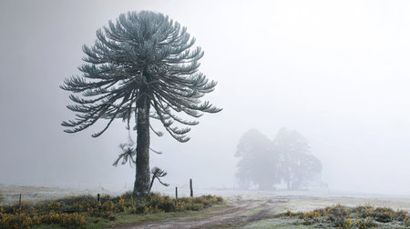 The Araucaria in winter, chilling air envelops, a few lingering leaves tremble, still atmosphere