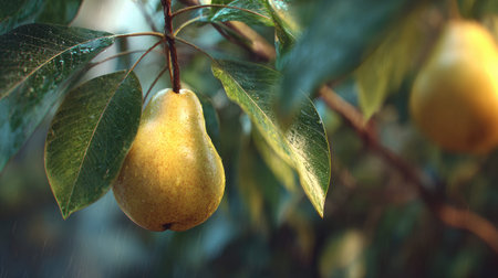 Pear swaying gently in the wind, realistic photography style, bright and vivid colors, natural...