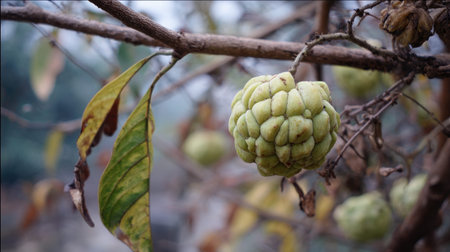 The Custard apple in winter, chilling air envelops, a few lingering leaves tremble, still atmosphere