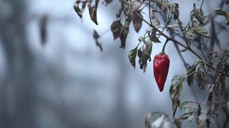 The Chili pepper in winter, chilling air envelops, a few lingering leaves tremble, still atmosphere