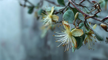 The St John s wort in winter, chilling air envelops, a few lingering leaves tremble, still...